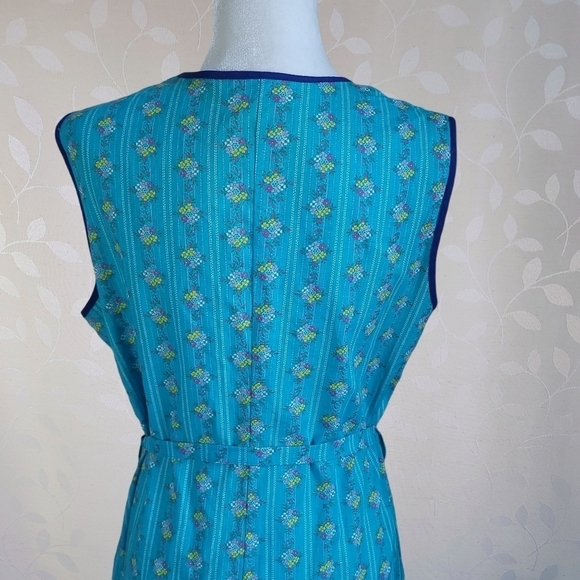 Vintage Cottagecore Floral Button Front Midi Dress Cerulean Blue Cotton V-Neck - Picture 10 of 15